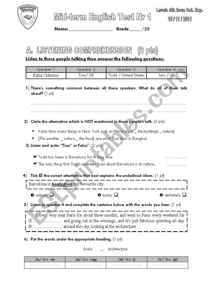 Mid-term Test Nr 1 (4th formers_Sciences) [Nov. 10th, 2011]